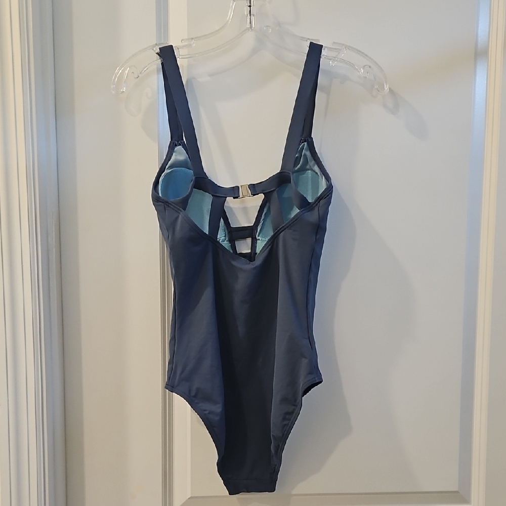 Navy Deep V One-Piece Swimsuit with Strappy Back - Picture 3 of 4